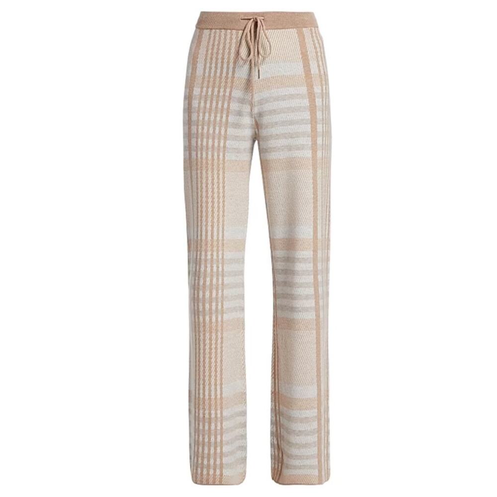Elie Tahari XS Knit Lounge Pants Neutral Birdseye Plaid Wide Leg Soft Comfy Chic